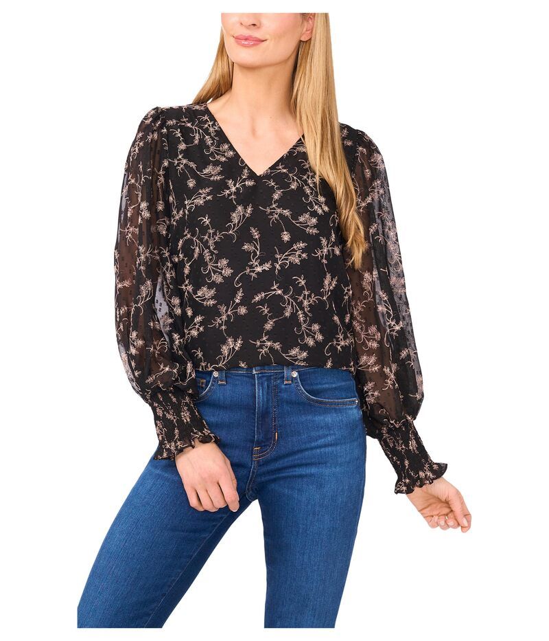 セセ レディース トップス シャツ シャーリング CeCe Long Sleeve Smocked Cuff Clip Dot Top Rich Black ブラック
