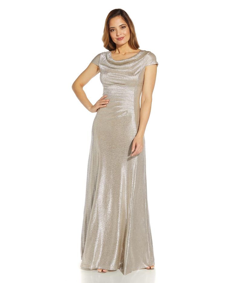 アドリアナ パペル レディース トップス ワンピース ドレープ トール ニット Adrianna Papell Metallic Knit Drape Neck Gown Alabaster メタリッ