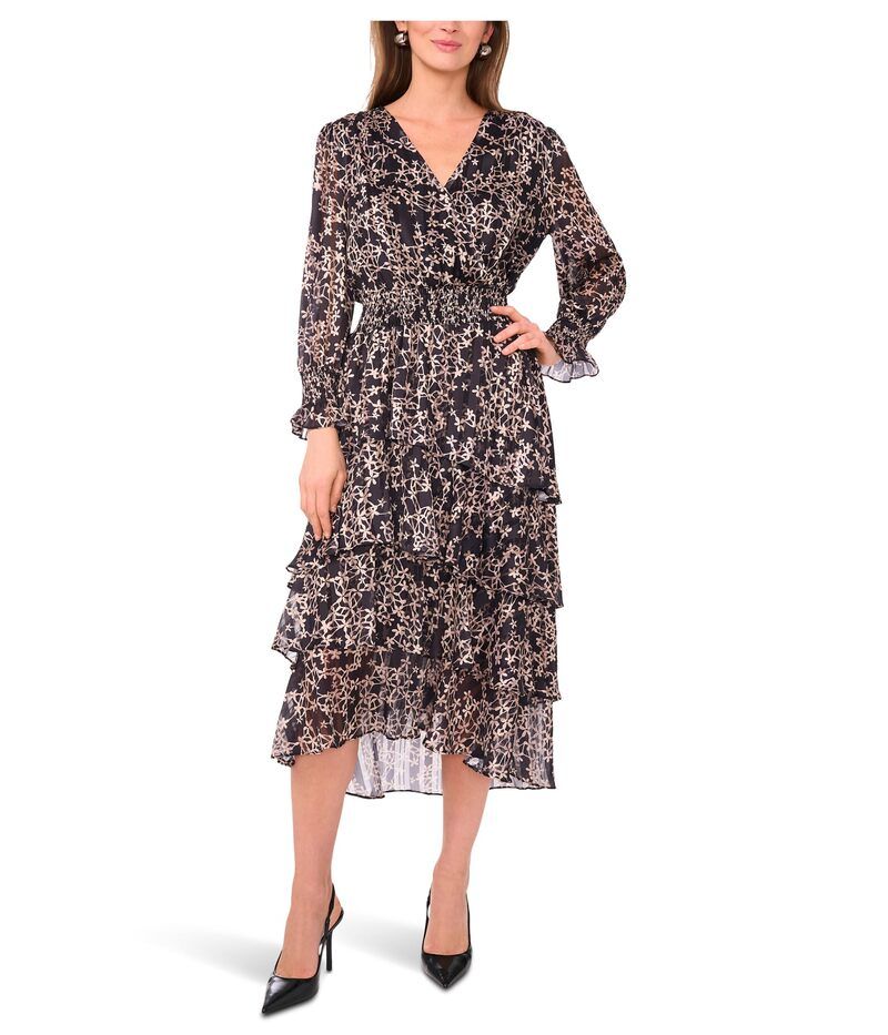 ヴィンスカムート レディース トップス ワンピース Vネック ティアード スカート マキシ Vince Camuto Long Sleeved VNeck Maxi with Tiered Skirt