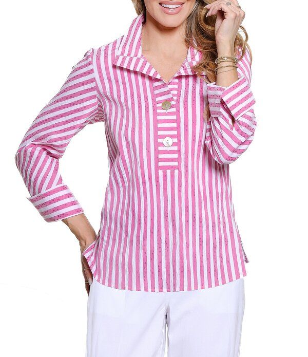 アリ マイルス レディース トップス シャツ Ali Miles Woven Jacquard YarnDyed Stripe Point Collar 34 Cuffed Sleeve Top Ra
