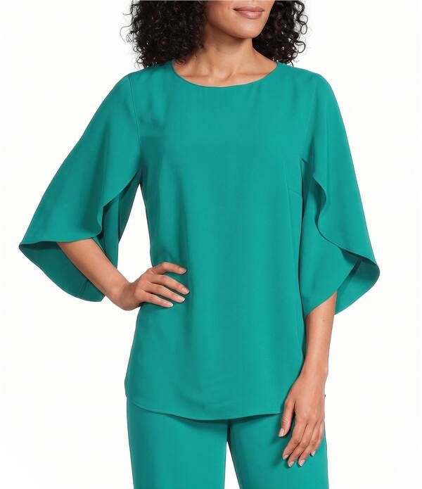 キャロライン ローズ レディース トップス シャツ クレープ Caroline Rose Matte Crepe Scoop Neck 34 Petal Sleeve Top Jade