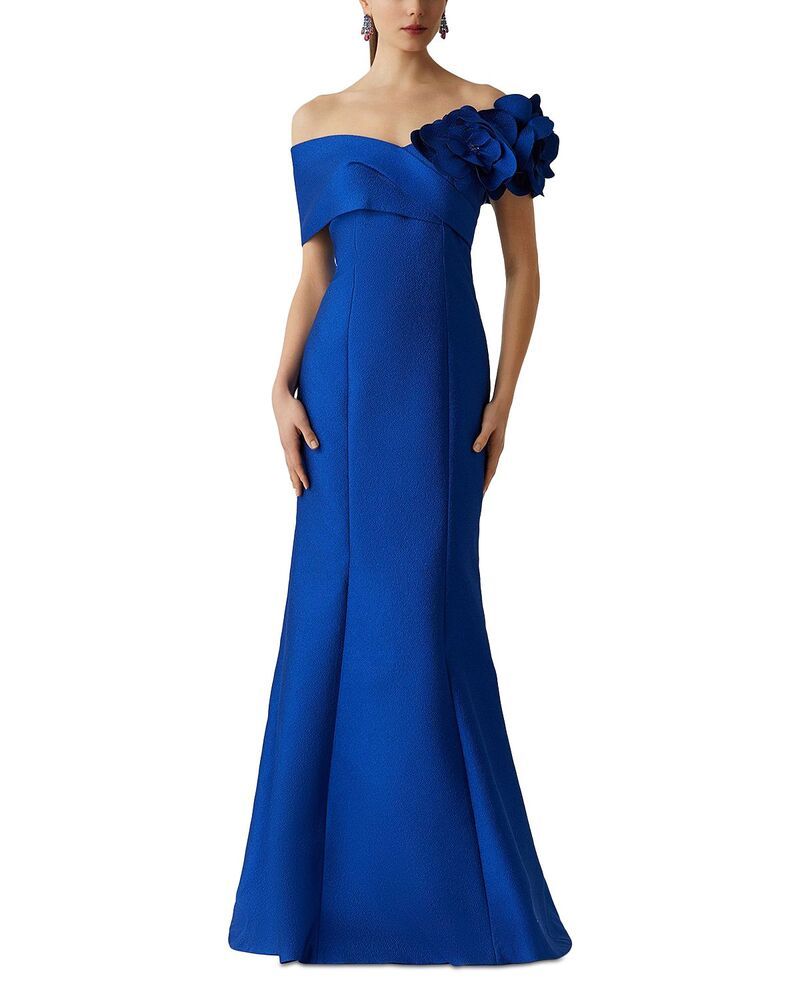 テリジョンバイリッキーフリーマン レディース トップス ワンピース Teri Jon by Rickie Freeman Pebble Jacquard 3D Flower Gown Royal Bl