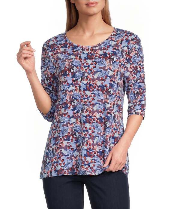 イントロ レディース トップス シャツ クルーネック ギャザー ニット ジャージー Intro Knit Jersey Victoria Blue Crew Neck Elbow Ruched Sle