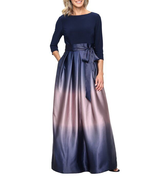 イグナイト レディース トップス ワンピース サテン Ignitevenings Ombre Satin Boat Neck 34 Sleeve Tie Waist Pocketed GownavyM