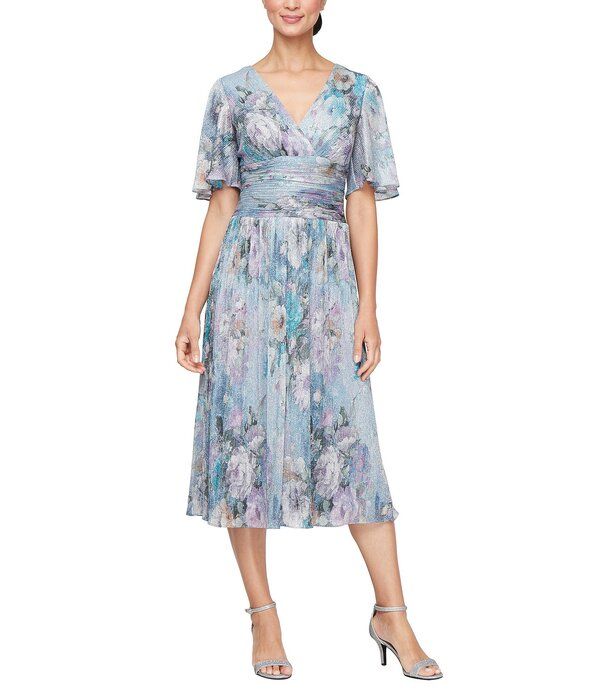 イグナイト レディース トップス ワンピース A ライン フラワー柄 プリント ギャザー ミディ フラワー Igniteveningsurplice Neck Elbow Flutter Sleeve