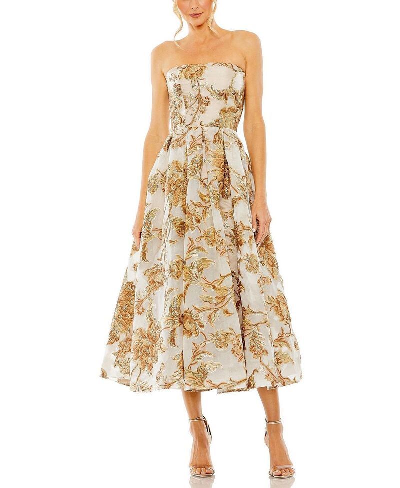 マックダガル レディース トップス ワンピース プチ ミディ ストラップレス Mac Duggal Petite Gold Strapless Brocade Midi Dress with Pock