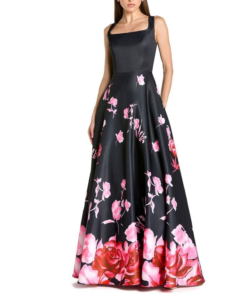 マックダガル レディース トップス ワンピース プリント サテン ノースリーブ Mac Duggal Printed Satin Sleevelessquare Neck Ballgown Black