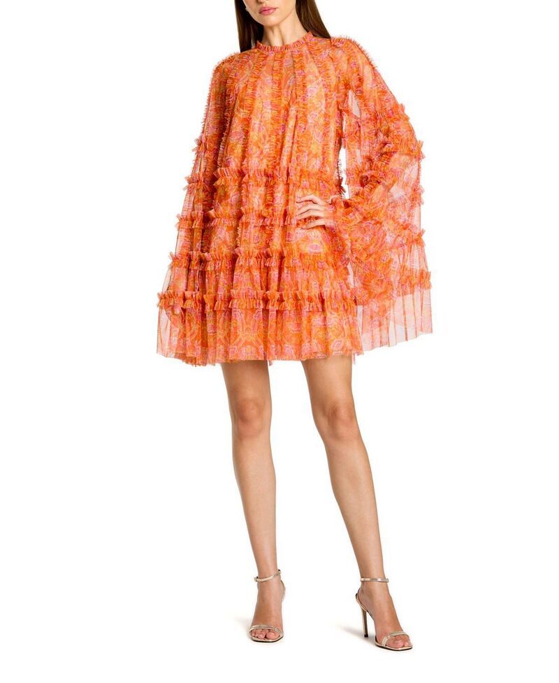 マックダガル レディース トップス ワンピース A ライン フラワー柄 プリント メッシュ フラワー Mac Duggal Floral Print Long Flare Sleeve Mesh AL