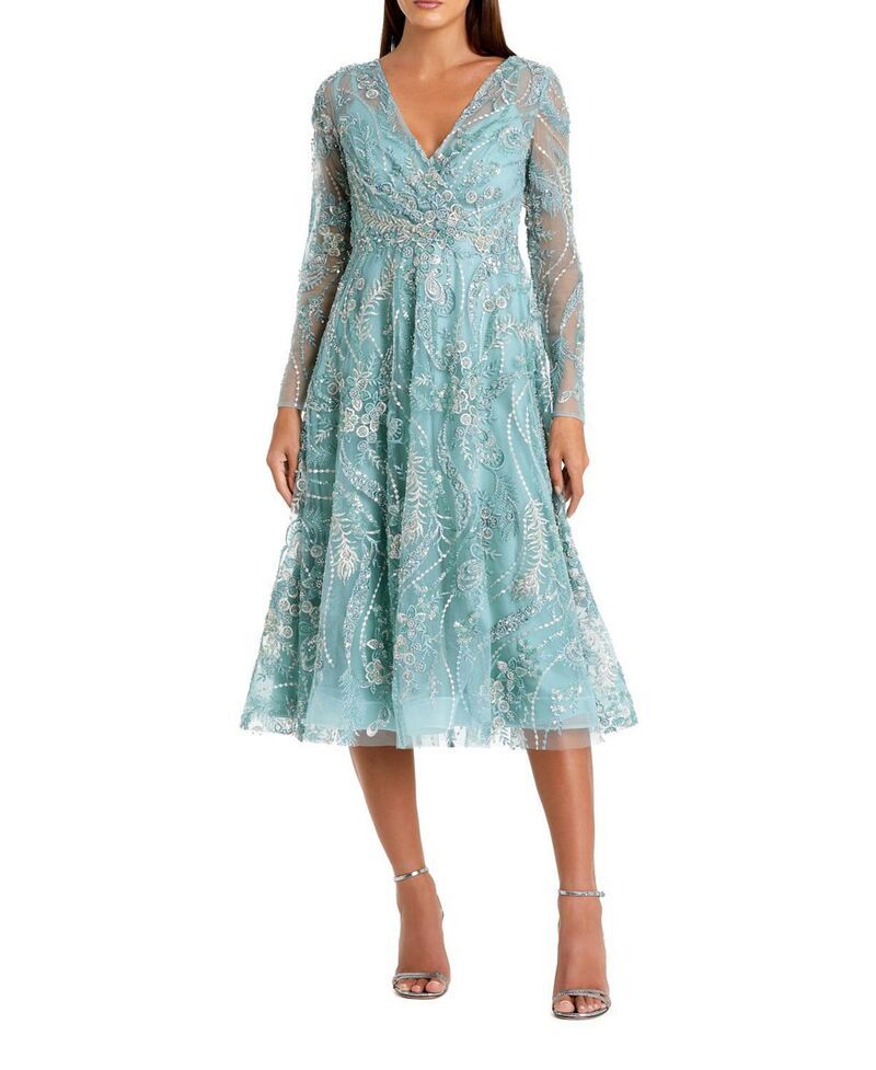 マックダガル レディース トップス ワンピース Vネック フラワー柄 ミディ 刺繍 フラワー Mac Duggal Floral Embroidered V Neck Long Sleeve Midi 64,790円