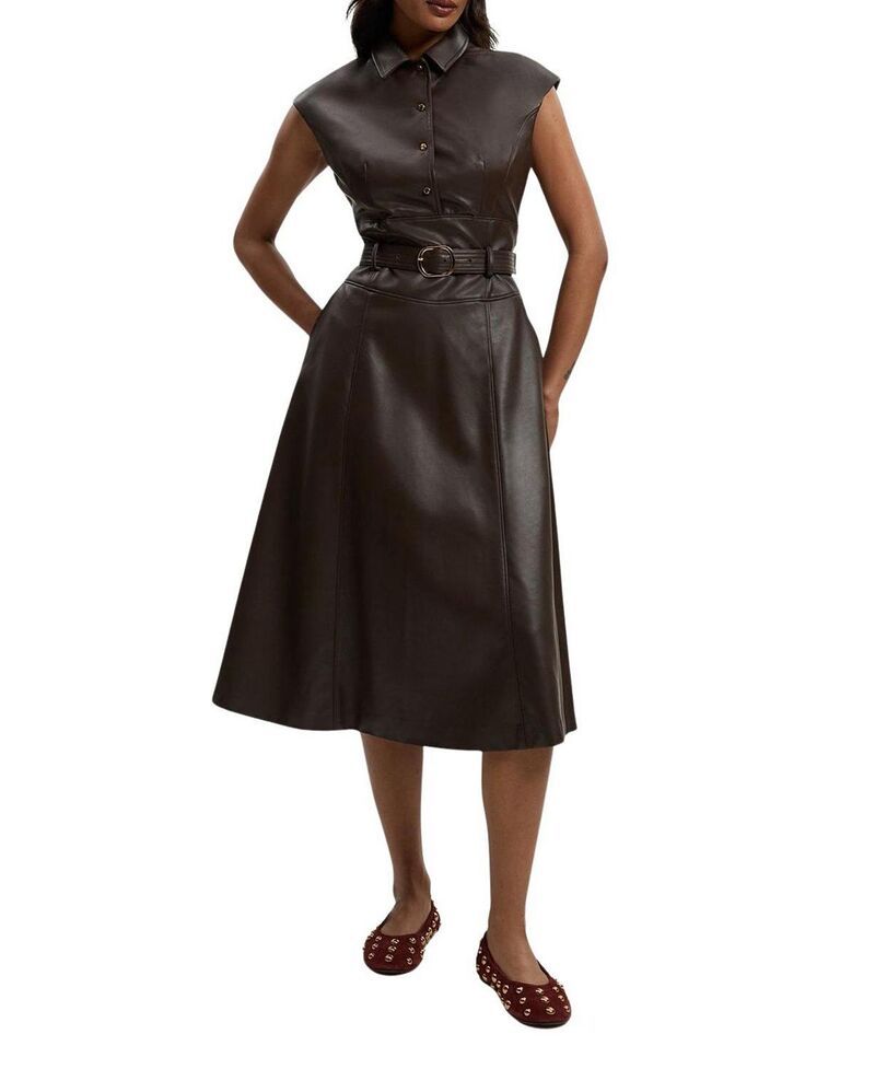 カレンミレン レディース トップス ワンピース ミディ レザー フェイクレザー Karen Millen Faux Leather Belted Midi Dress Chocolate チョコレート