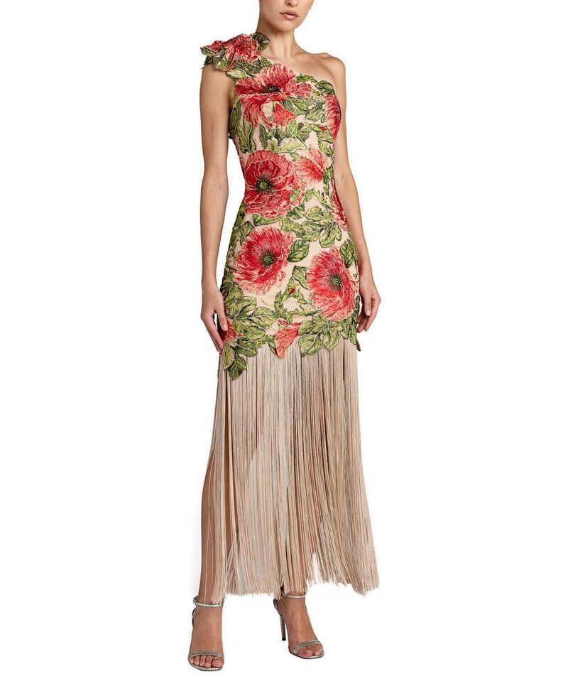 マックダガル レディース トップス ワンピース 刺繍 フリンジ Mac Duggal Embroidered One Shoulder Dress With Fringe Hem Nude Multi