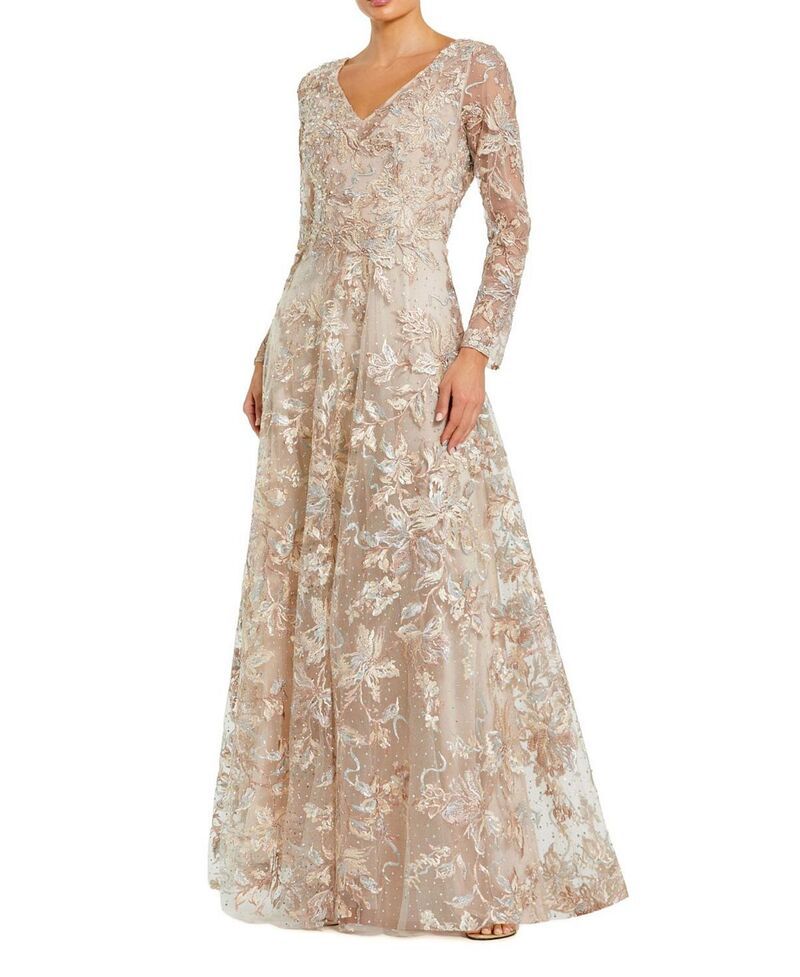 マックダガル レディース トップス ワンピース Vネック Mac Duggal Embellished Illusion Long Sleeve V Neck Gown Champagne シャンパン