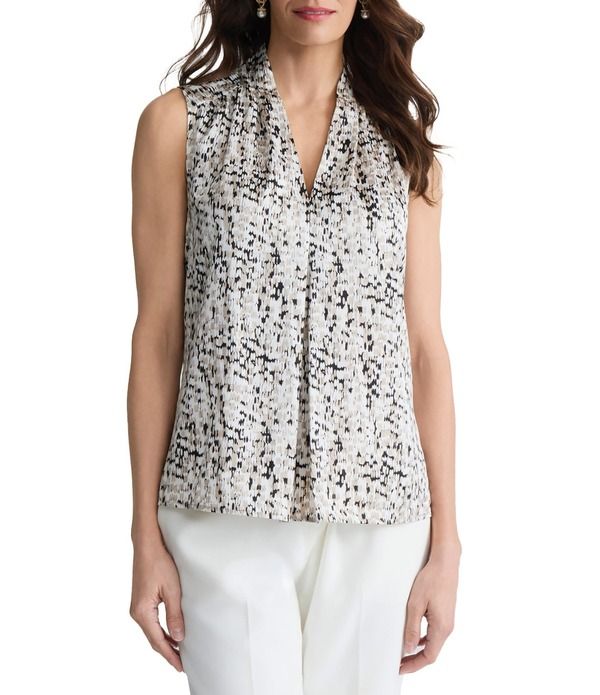 カスパール レディース トップス シャツ Vネック プリーツ ノースリーブラウス Kasper V Neck Pleated Sleeveless Blouse Summer Straw Multi