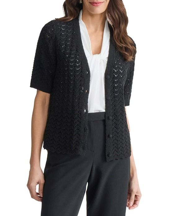カスパール レディース アウター ニット・セーター カーディガン Kasper Textured Short Sleeve Button Front Cardigan Black ブラック