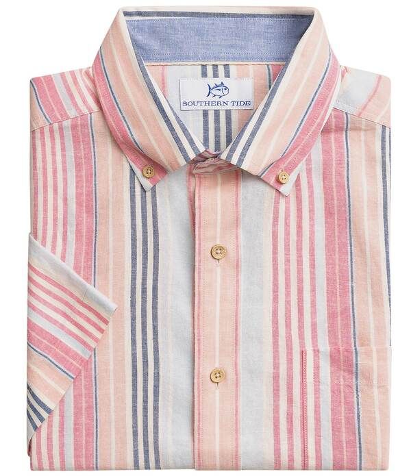 サウザーンタイド メンズ トップス シャツ リネン Southern Tide Sea Voyage Stripe Linen Blend Short Sleeve Woven Shirt Peach
