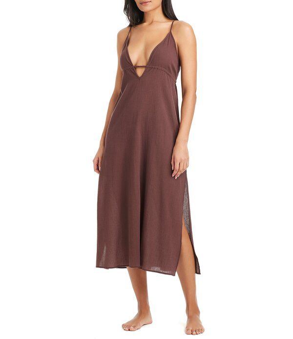 サンクチュアリー レディース トップス ワンピース ミディ コットン Sanctuary Crinkle Cotton Midi Tunnel Tie Dresswim CoverUp Espress