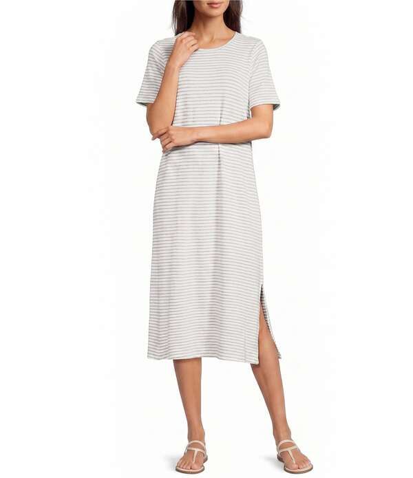 エイリーンフィッシャー レディース トップス ワンピース クルーネック コットン Eileen Fisher Striped Organicotton Slub Crew Neck Short Sle