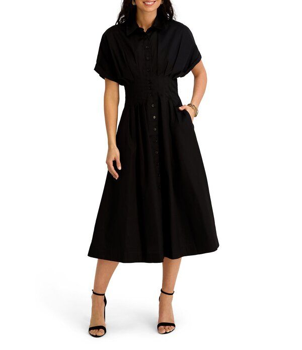 ケンジー レディース トップス ワンピース プリーツ ミディ シャツ Kensie Short Sleeve Shirt Button Front Pleated Midi Dress Black ブ