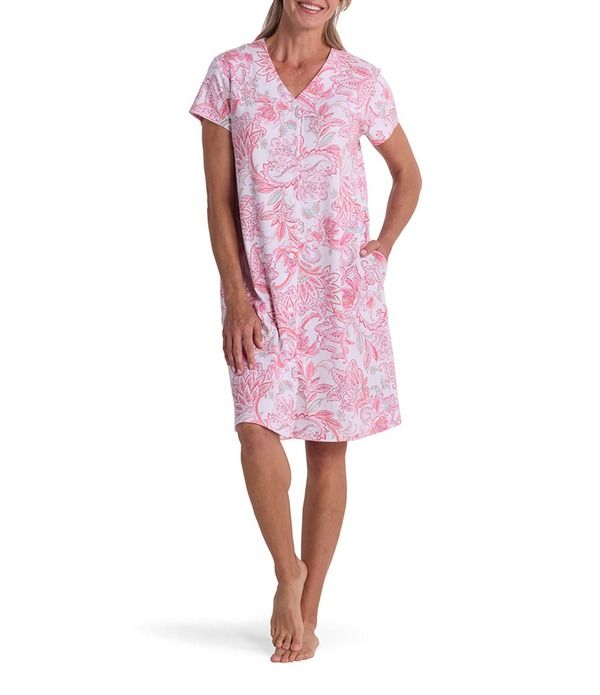 ミス エレーン レディース アンダーウェア ナイトウェア Vネック フラワー柄 ニット フラワー Miss Elaine Floral Tapestry Interlocknit Short Slee