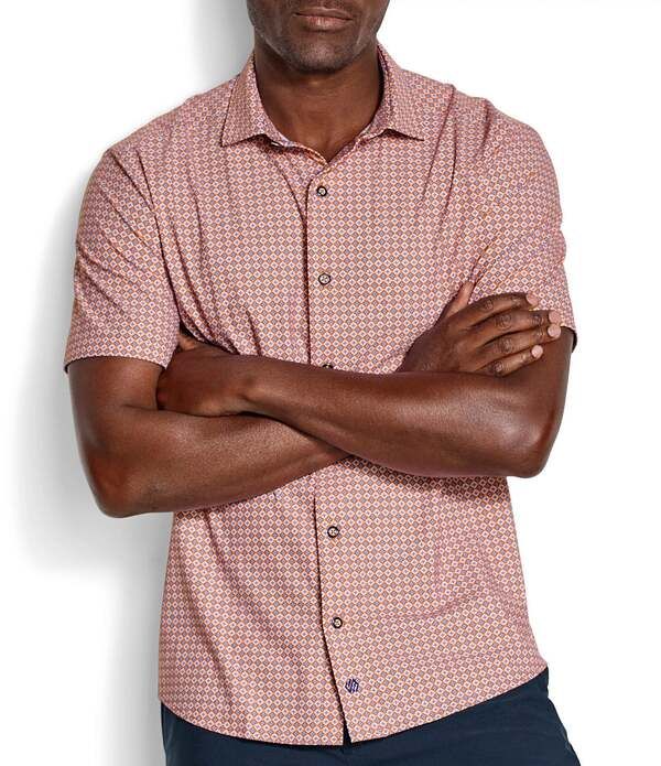 ジョンストンアンドマーフィー メンズ トップス シャツ プリント Johnston Murphy XC Motion Grid Print Short Sleeve Woven Shirt Orang