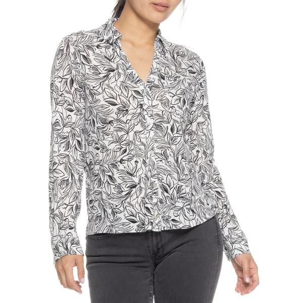 タハリ レディース トップス シャツ ニット リネン Tahari ButtonFront Knit Shirt Linen Long Sleeve Cursive Leaves