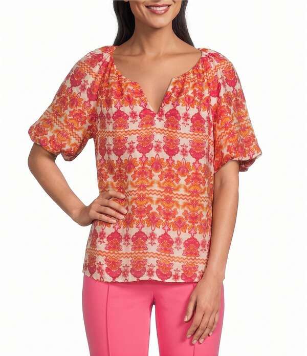 インベストメンツ レディース トップス シャツ プリント ブラウス Investments Bold Geo Stripe Print 34 Bubble Sleeve Split Round Nec