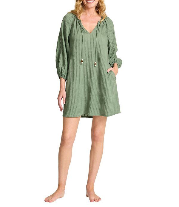 トッミーバハマ レディース トップス ワンピース Vネック Tommy Bahama Beachy Stripe Woven Split VNeck Tunic Swim CoverUp Tea Le