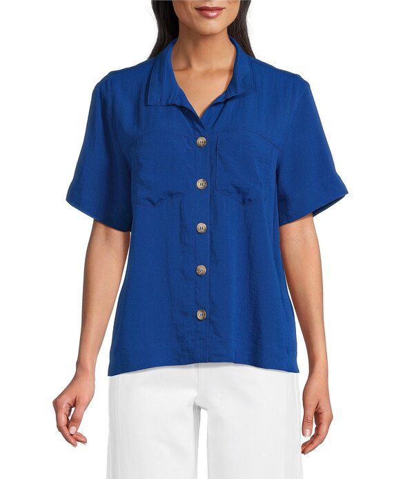 ジョン マーク レディース トップス シャツ John Mark Woven Solid Wire Collar Short Sleeve Button Front Shirt Navy ネイビー
