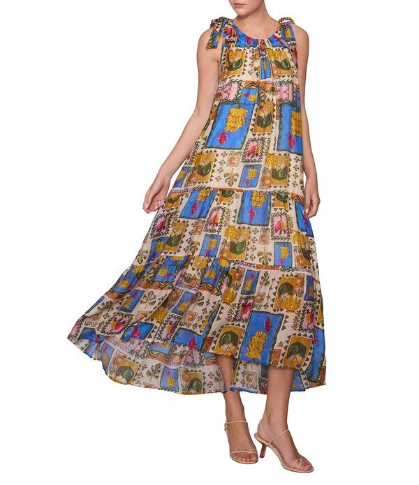 メロデイ レディース トップス ワンピース プリント マキシ Melloday Printed Gathered Neck Tie Shoulder Maxi Dress Blue Multi ブルー