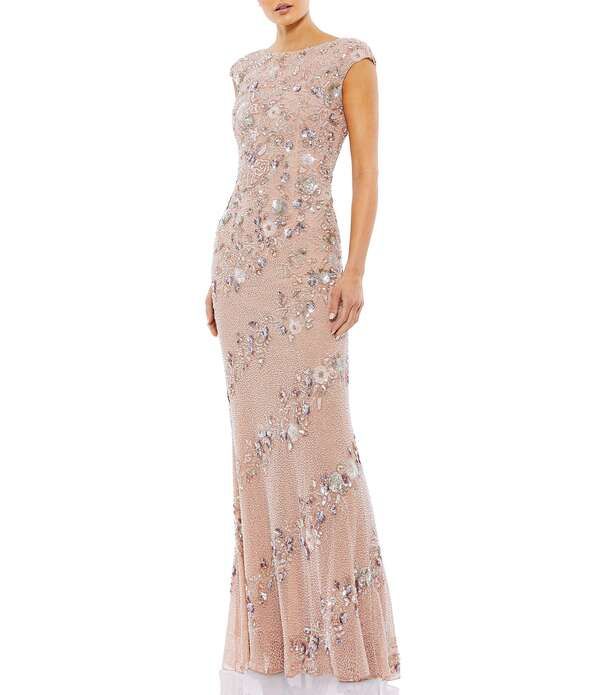 マックダガル レディース トップス ワンピース キャップ Mac Duggal Beaded Boat Neck Cap Sleeve Sheath GownudeSilver シルバー