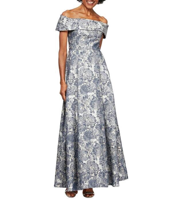 アレックスイブニングス レディース トップス ワンピース プチ Alex Evenings Petite Size Off The Shoulder Jacquard Gown Silver Mult