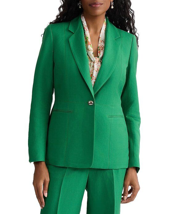 カスパール レディース アウター コート ブレザー リネン Kasper Linen Blend Notch Collar One Button Blazer Lush Green グリーン