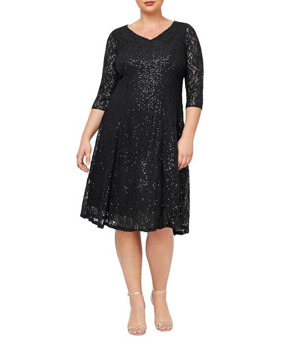 イグナイト レディース トップス ワンピース Vネック A ライン プラスサイズ スパンコール レース Ignitevenings Plusize 34 Sleeve VNeck Sequin Lac