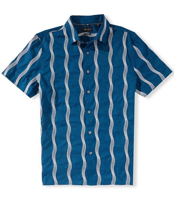 ペリーエリス メンズ トップス シャツ プリント リネン Perry Ellis Linen Blend Wave Print Short Sleeve Woven Shirt Sailor Blue