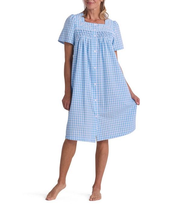 ミス エレーン レディース アンダーウェア ナイトウェア プリント Miss Elaine Seersucker Check Print Short Sleeve Square Neck Short