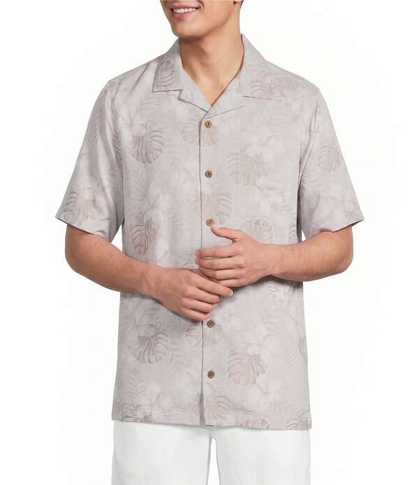 カリビアン メンズ トップス シャツ プリント Caribbean Leaf Print Short Sleeve Woven Camp Shirt Stone ストーン