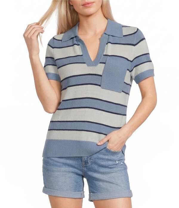 フラッグ アンド アンセム レディース トップス シャツ Vネック セーター Flag and Anthemaben Short Sleeve VNeck Striple Polo Sweater N