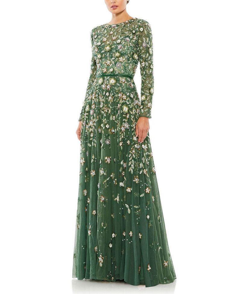 マックダガル レディース トップス ワンピース A ライン ハイネック Mac Duggal Embellished High Neck Long Sleeve A Line Gown Sage セー