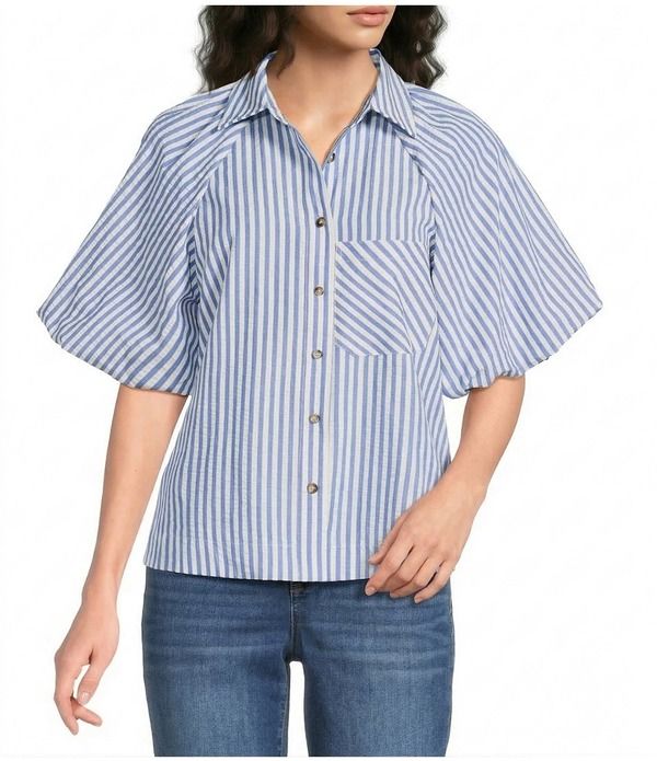 カレッサ レディース トップス シャツ バルーンスリーブ Calessa Woven Stripe Point Collar Elbow Length Balloon Sleeve Button Fr