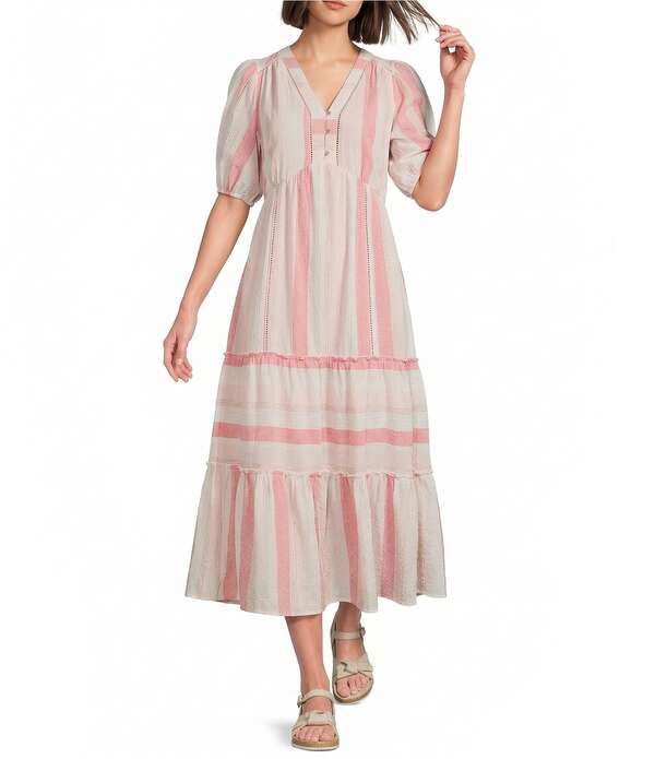 ナーチャー レディース トップス ワンピース Vネック プチ ミディ Nurture Petite Sizelbow Puff Sleeve VNeck Midi Dress Coral Stripe