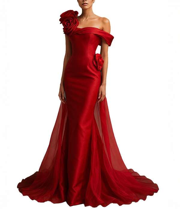 テラニクチュール レディース トップス ワンピース Terani Couture Mikadone Shoulderosette Applique Train Gown Wine ワイン