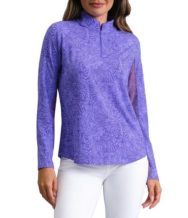 アイビークール レディース トップス シャツ モックネック フラワー柄 プリント フラワー IBKUL Annie Floral Printed Zip Mock Neck Long Sleeve T