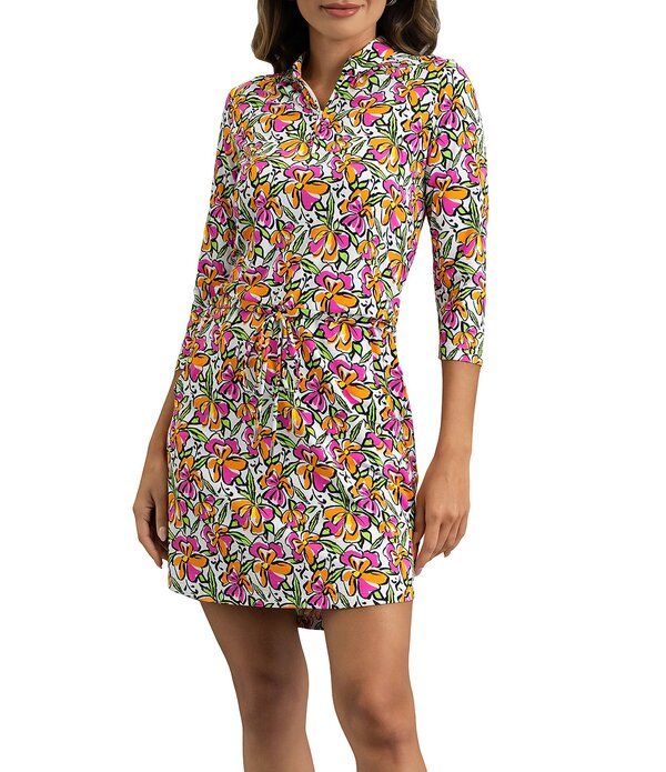アイビークール レディース トップス ワンピース プリント IBKUL Sonia Print Collared 34 Sleeve Above Knee Dressonia Hot PinkOran