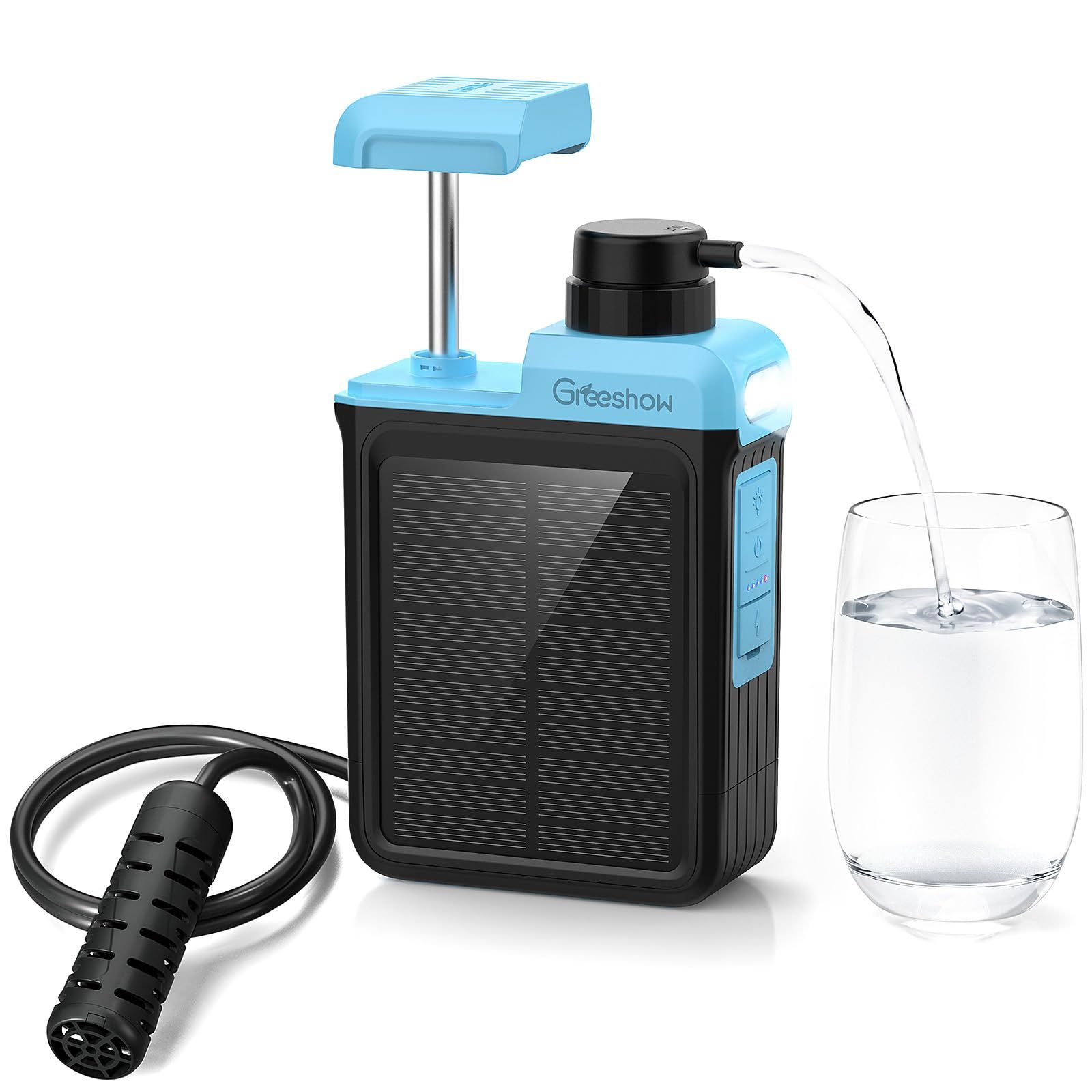 ☆新品☆【業界最新&手動ボンプ付き】Greeshow 携帯浄水器 アウトドア 浄水器 電動浄水器 日本正規品 ソーラー充電可能 濾過器 飲み水 災害 防災士推奨 サバイバル浄水器 スマホ充電機能 高輝度LEDライト付き SOSモード 緊急停電 1d3a8314