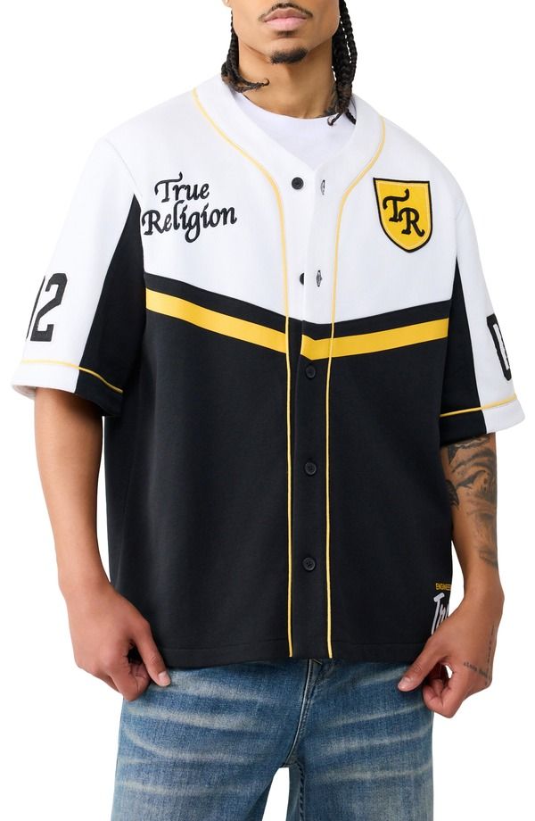 トゥルーレリジョン メンズ トップス シャツ コットン ジャージー True Religion Oversize Cotton Baseball Jersey Winter White Black ホ