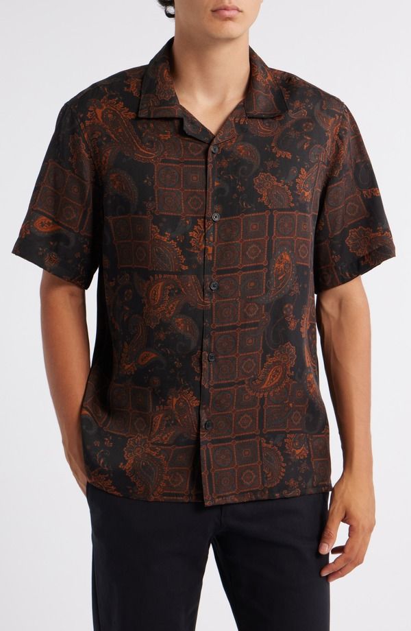 ワックスロンドン メンズ トップス シャツ プリント Wax London Didicot Geo Paisley Print Lyocell Camp Shirt Black Brown ブラック