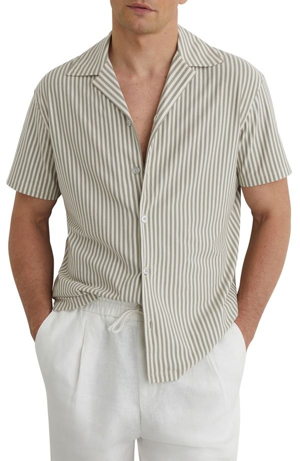 レイス メンズ トップス シャツ コットン Reiss Aurelia Stripe Cotton Blend Camp Shirt Soft Sage Green グリーン
