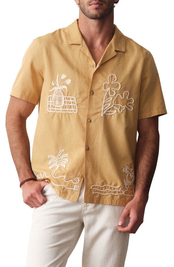 マリーン レイヤー メンズ トップス シャツ コットン 刺繍 リネン Marine Layer Embroide red Cotton Linen Resort Shirt Mustard マスタード