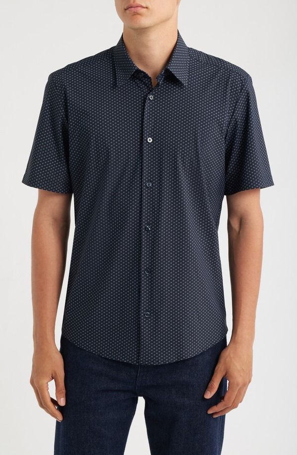 ボス メンズ トップス シャツ プリント ナイロン BOSS Liam Geo Print Short Sleeve Stretch Nylon ButtonUp Shirt Dark Blue ブル