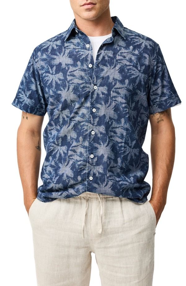 ロッドアンドグン メンズ トップス シャツ プリント Rodd Gunn Arthurs Pass Palm Print Short Sleeve ButtonUp Shirt Cobalt コバルト